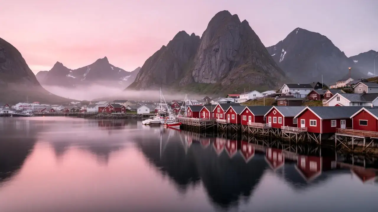 Dr&ouml;mmer mig bort till Lofoten, med r&ouml;da fiskebodar som speglar sig i vattnet under majest&auml;tiska berg. En perfekt plats att &aring;ka till.