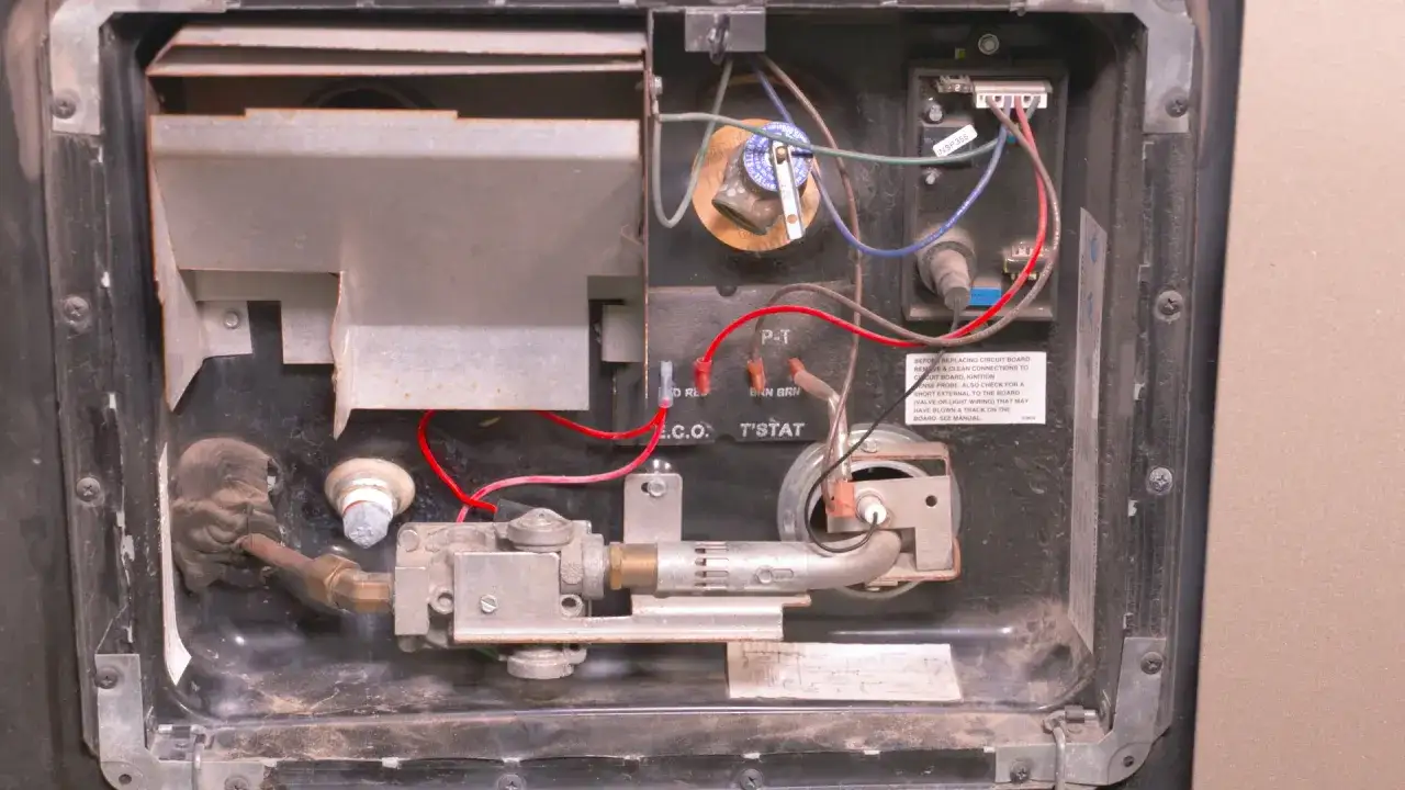 Insidan av en varmvattenberedare med gasregulator, tändare och kablar. Förberedelser för att fylla varmvattenberedare.