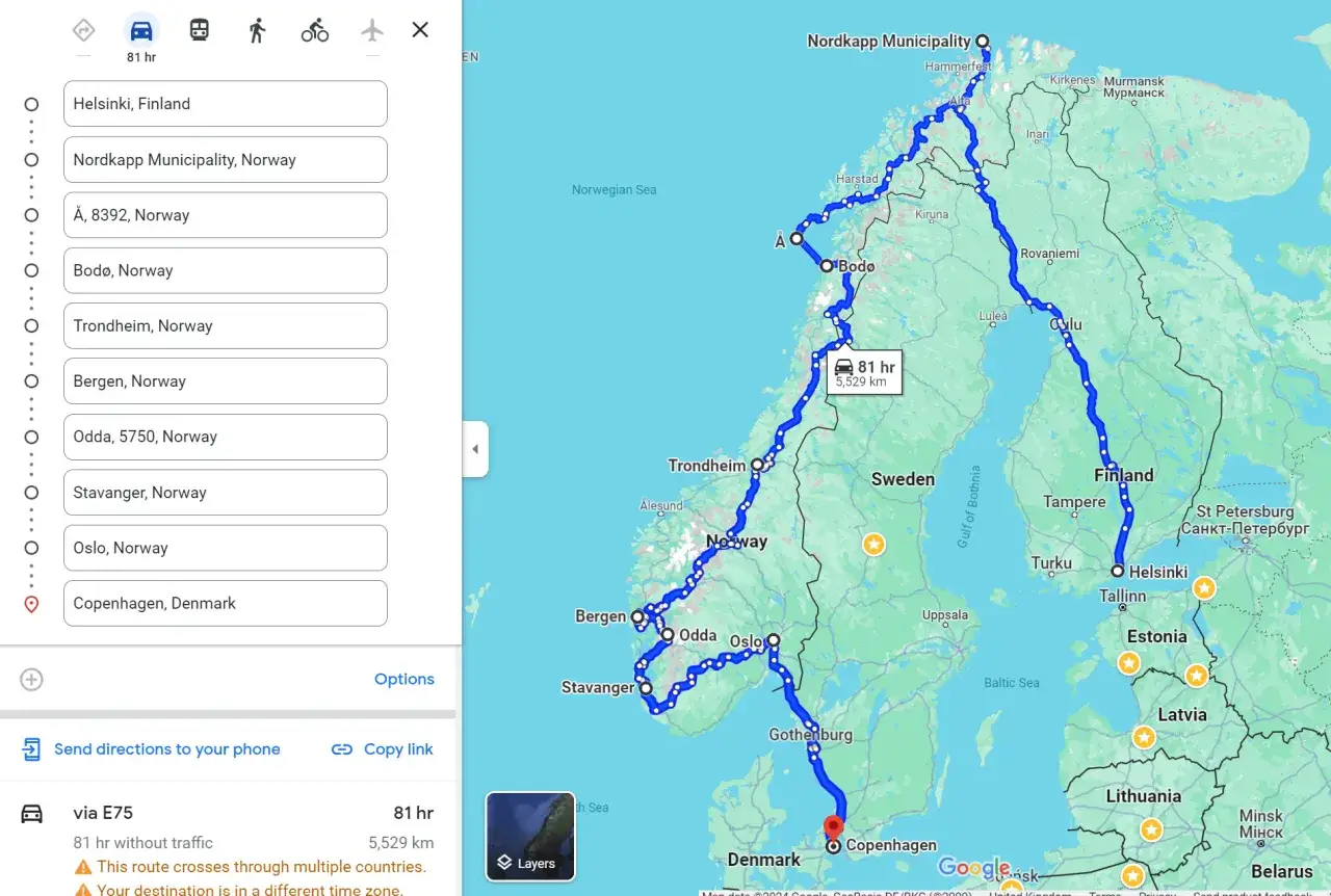En lång roadtrip norge rutt från Helsingfors till Nordkap och vidare genom Norge, Sverige och Danmark. 81 timmar, 5529 km.