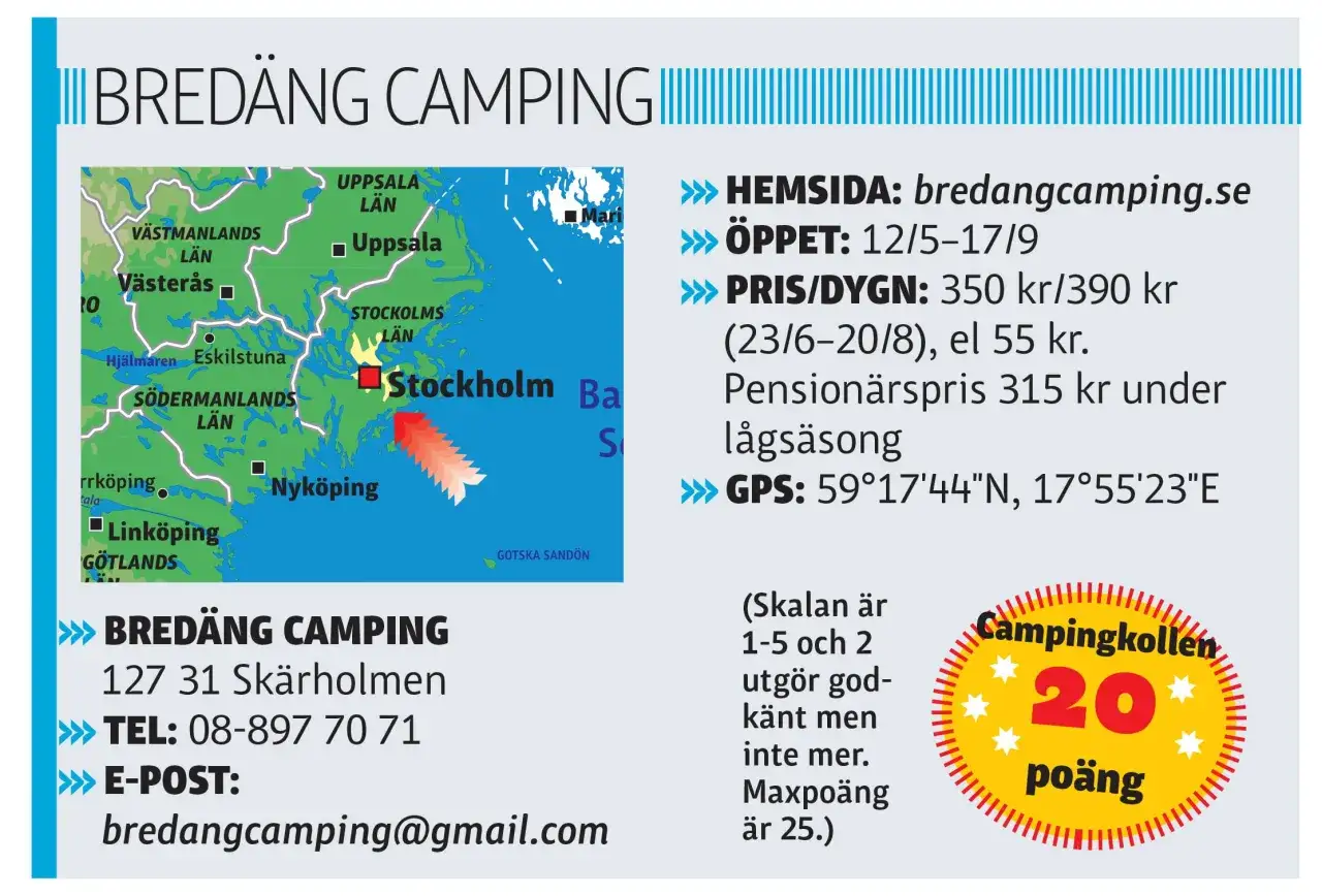 Bred&auml;ng Camping n&auml;ra Stockholm. &Ouml;ppet 12/5-17/9. GPS: 59&deg;17'44